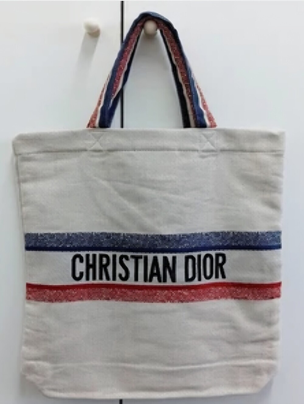 Christan Dior Canvas Tote in White with Blue & Red Stars & Stripes